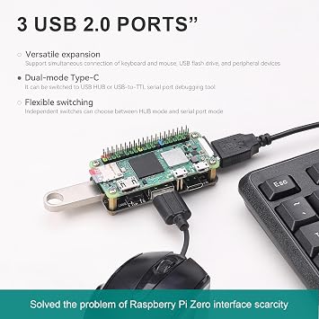 Pi USB HUB for Rasp-berry Pi Zero, 3-Port USB 2.0 Expansion Board with USB to TTL, Type-C Dual Mode, Plug & Play GPIO Connection, Status Indicators for IoT and Fits Arduino Projects