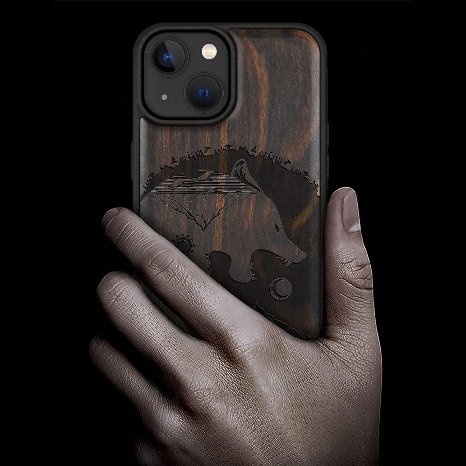 Carveit Magnetic Wood Case for iPhone 14 Case [Natural Wood & Black Soft TPU] Unique & Classy Wooden Shockproof Protective Cover Compatible with magsafe (Yin Yang-Wolf-Tai Chi -Blackwood)