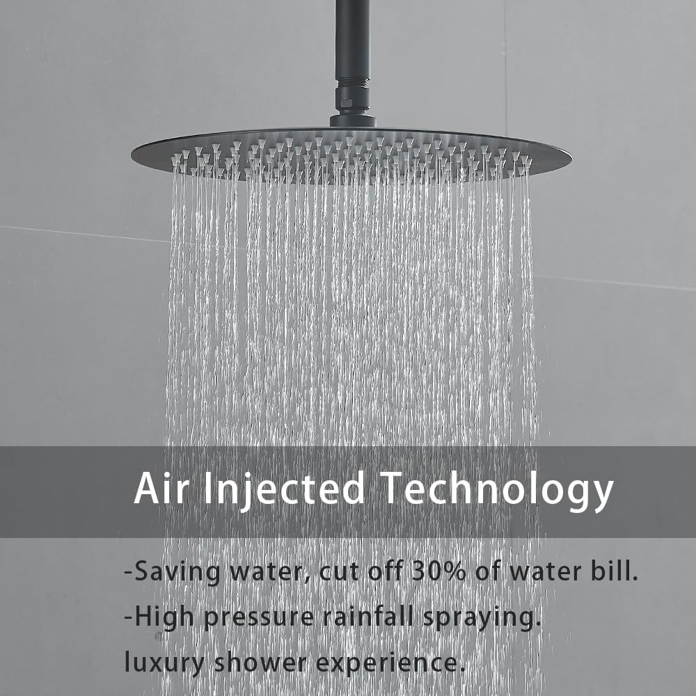 Shower Faucet Set Matte Black 12 Inch Round Ceiling Mount Rainfall Shower System with 2 Rain Shower Head and Handheld Head Push Button Diverter Shower Trim Kit and Rough-in Valve Body