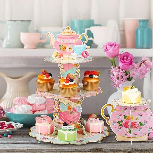 Miniatura 7 de Zopeal 2 piezas de decoración floral para cupcakes de fiesta de té de 3 niveles, soporte floral para cupcakes, torre de postre de cumpleaños floral