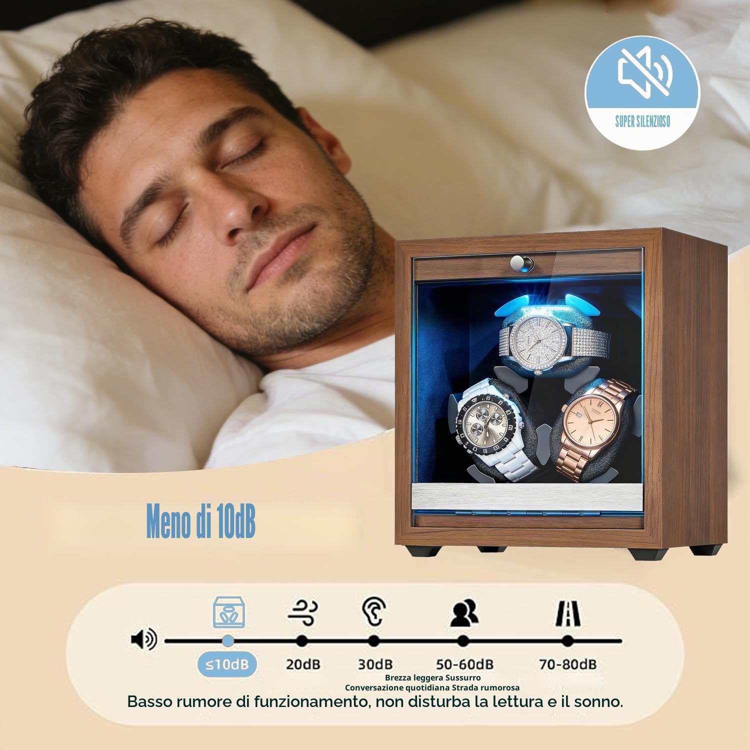 Carica Orologi Automatici Watch Winder, Scatola del Tempo per Orologi 3 Posti in Legno di Noce, Porta Orologio Automatico con 5 Modalità e Arresto Apertura
