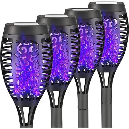 Liveasily 4 Pack Solar Torch Light with Flickering Flame, Outdoor Waterproof Solar Halloween Lights Decorations, Solar Torches Landscape Path Lights for Halloween Decor (Purple)