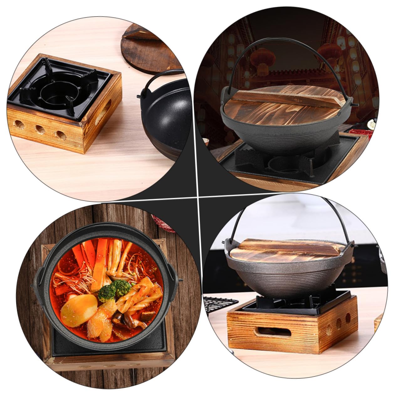 UPKOCH Olla Diseño Resistente de Hierro y Madera Estilo Japonés de Hierro Fundido para Cocinar Fideos Instantáneos con Material Seguro Adecuado para Cocina en Casa