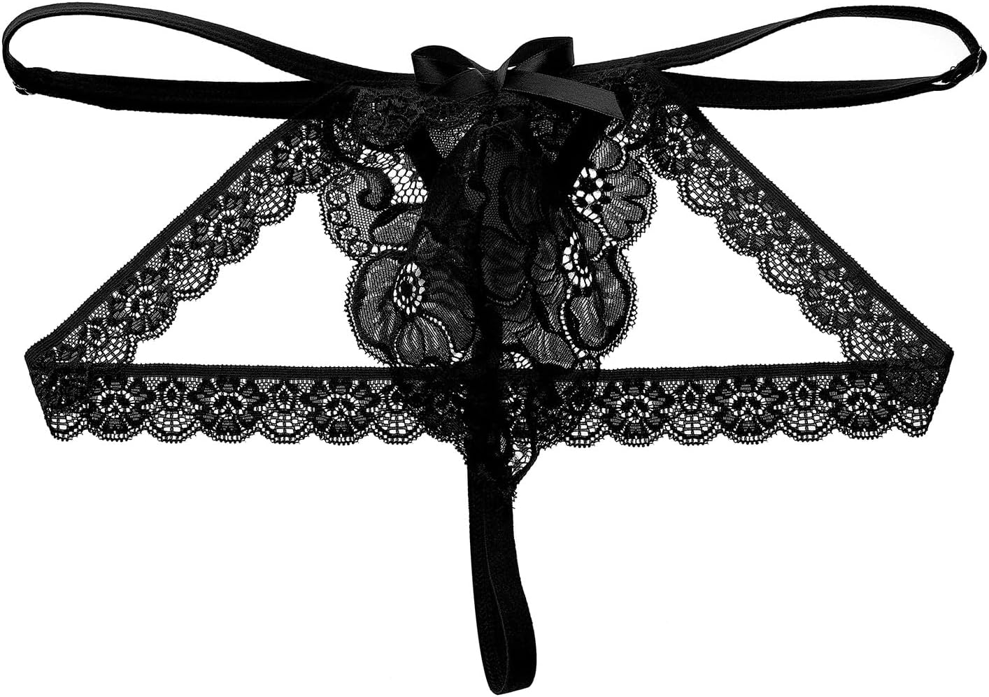 ABAFIP Men's Lace Thongs Frilly Trim Low Waist Bowknot T-back G-string Panties Crossdressing Underpants