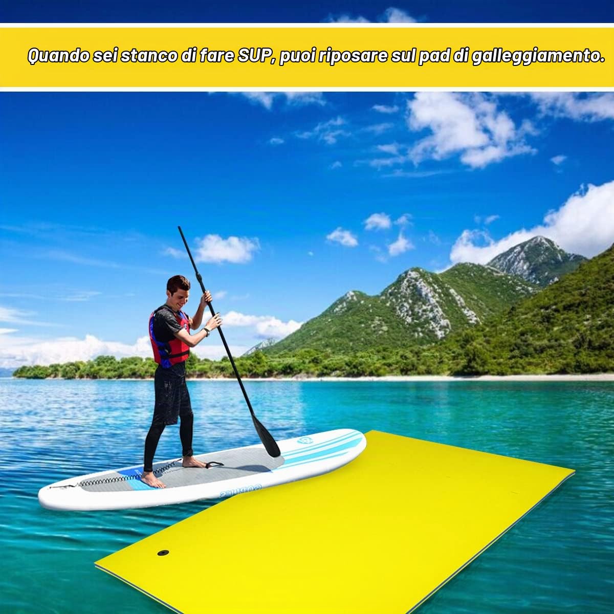 COSTWAY Tappeto Galleggiante per Piscina e Mare, 270 x 180 cm, Materassino Galleggiante in Schiuma per Rilassarsi e Divertirsi, Con Cuscino per la Testa (Giallo 270 x 180 cm)