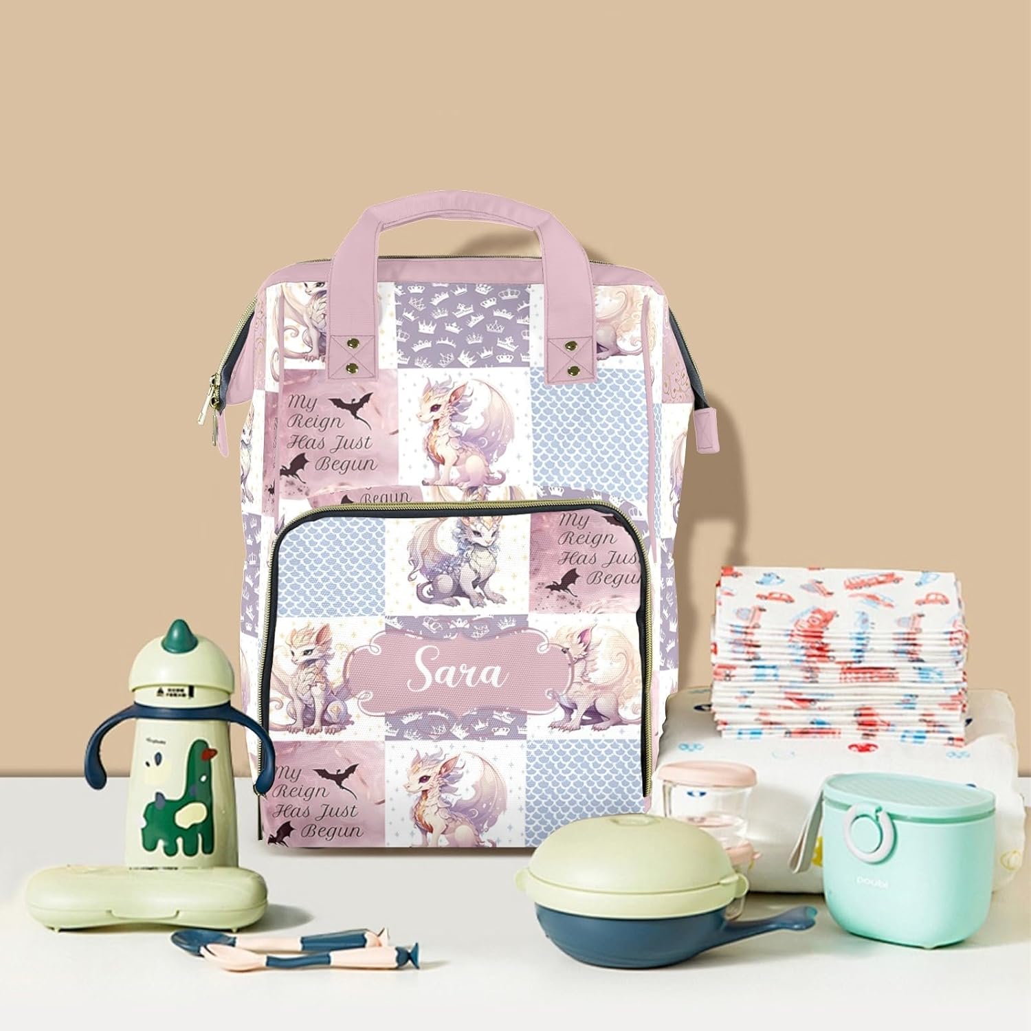 Custom Diaper Bag for Baby - Personalized Dragon Pink Nursing Bag with Custom Name