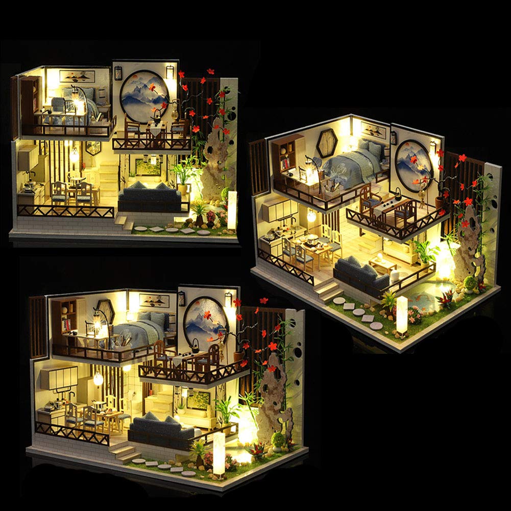 Domek dla lalek zestaw z pyłoszczelną okładką i ruchem muzycznym waga 1:24 drewniany DIY miniaturowy domek dla lalek zestaw zabawka prezent (atrament pachnący bambusowy rym)