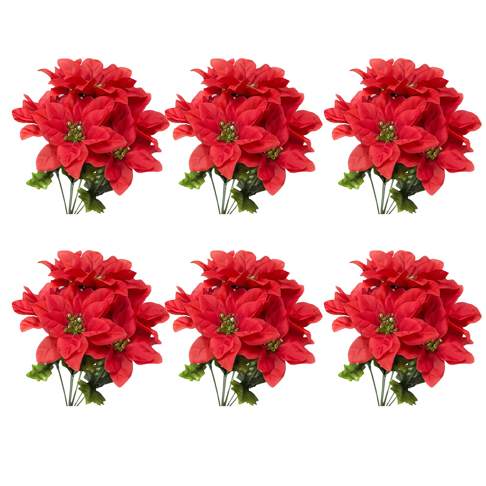 Alapaste 6 PCS Red Poinsettia Bushes for Christmas Decor,14 Inch Silk Fabric Artificial Poinsettia Flower Plant Red Floral Bouquet for Xmas Tree Holiday Wedding Party Home Decor