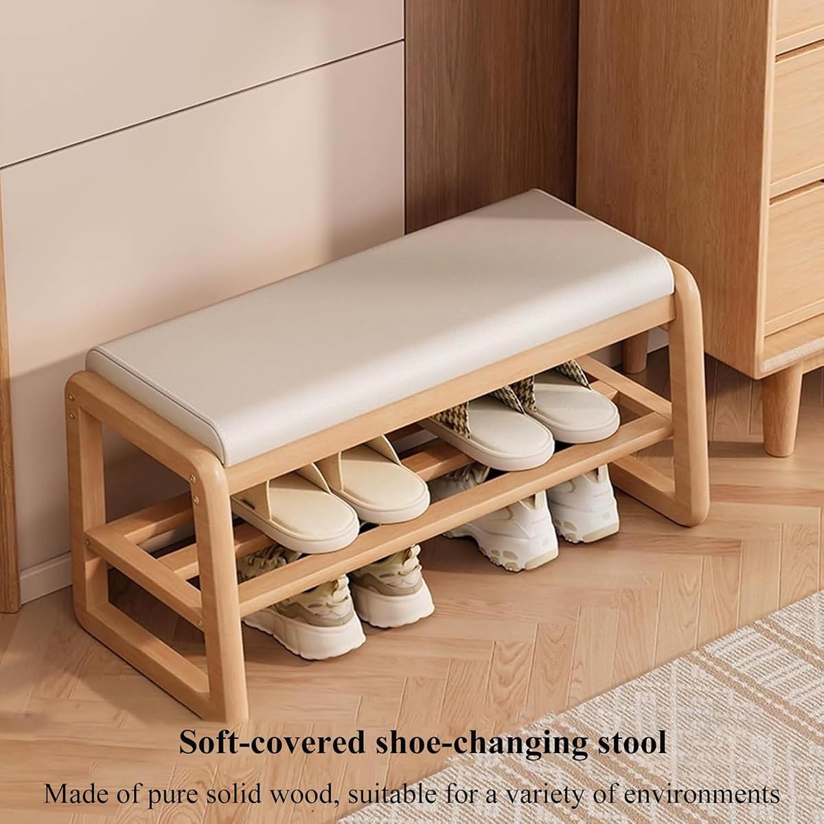 Moderno zapatero de 2 niveles con cojín, elegante zapatero de madera de 80 cm, diseño simple y contemporáneo para almacenamiento y decoración en el pasillo