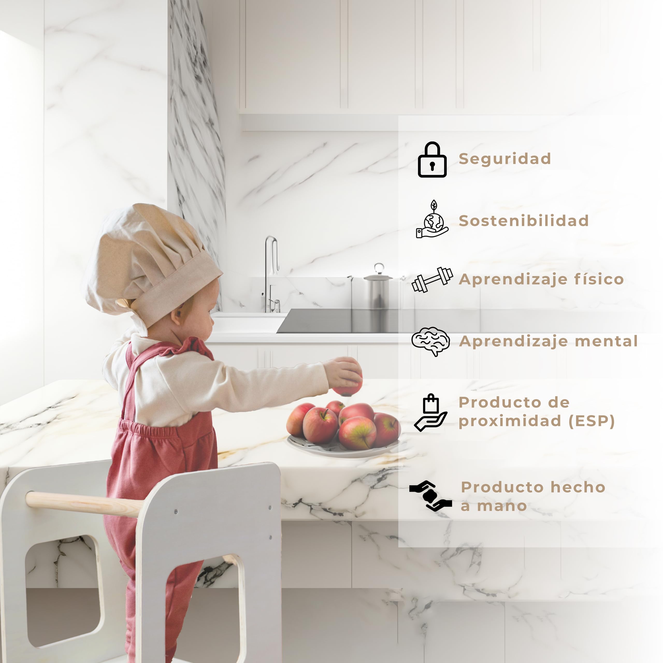 Torre de Aprendizaje Plegable Montessori 2 en 1 - Torre Aprendizaje Multifuncional para Bebés y Niños Convertible en Taburete y Mesa Infantil – Torre Montessori de Madera Natural Fabricada en España
