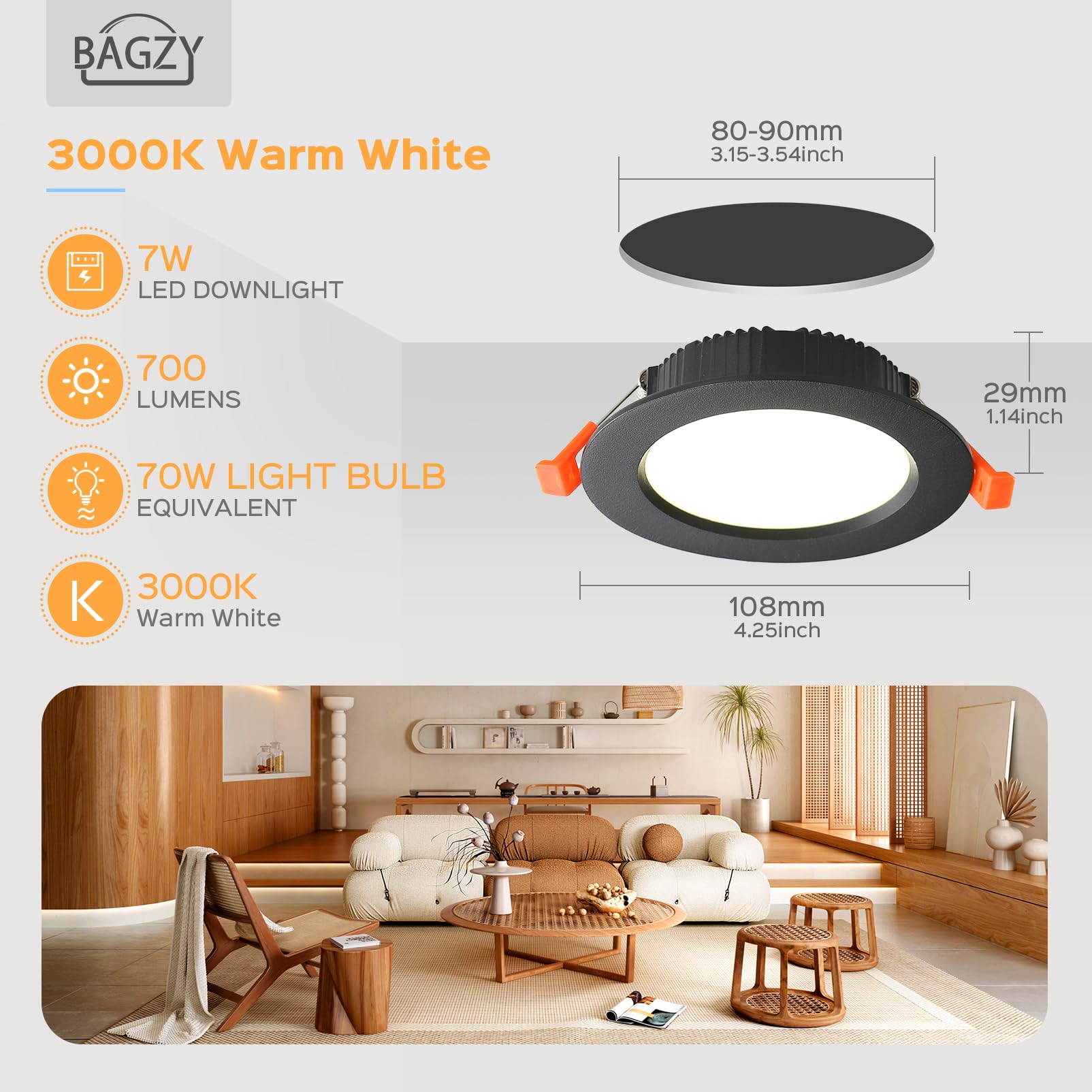 BRIMETI Reflektor LED Wpuszczany 230V 7W 700LM Zestaw 2 Bardzo Płaski Sufitowe do Zabudowy Spot Lazienkowy IP44 Ciepła Biel 3000K Reflektor LED, do Salonu Kuchni Przedpokoju Sypialni (Czarny）