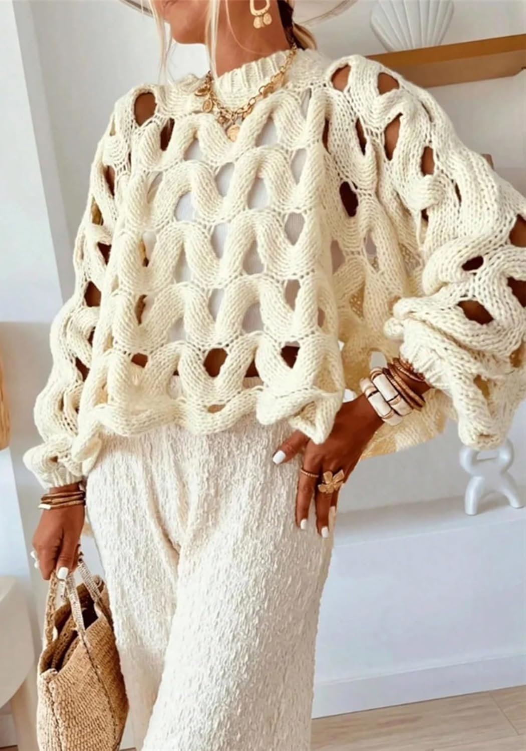 LETSVDO Women's Crochet Hollow Out Sweater Long Sleeve Crewneck Mesh Knit Pullover Tops Casual Beach Vacation Cover Ups