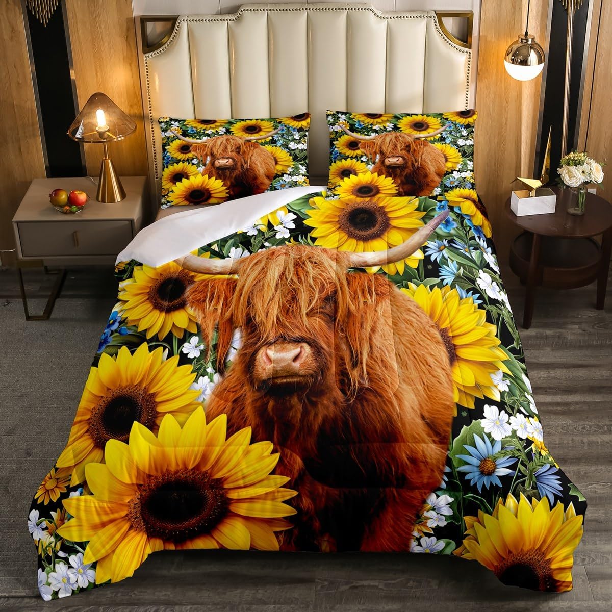 Highland Cow Bedding Comforter Sets Twin Size, Brown Bull Cattle Bedding Yellow Sunflowers Comforter Set Rustic Farmhouse Animal Down Comforter 2 Pcs Bedroom Decor, Yellow Black