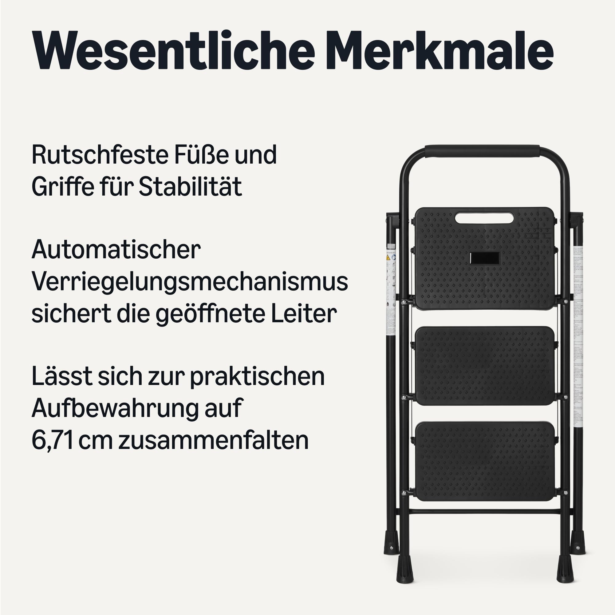 Amazon Basics Klapptritt 3 Stufen, Stahlkonstruktion mit Rutschfesten Füßen, Maximale Belastbarkeit 150kg, Höhe 100,8 cm (Ausgeklappt), Schwarz