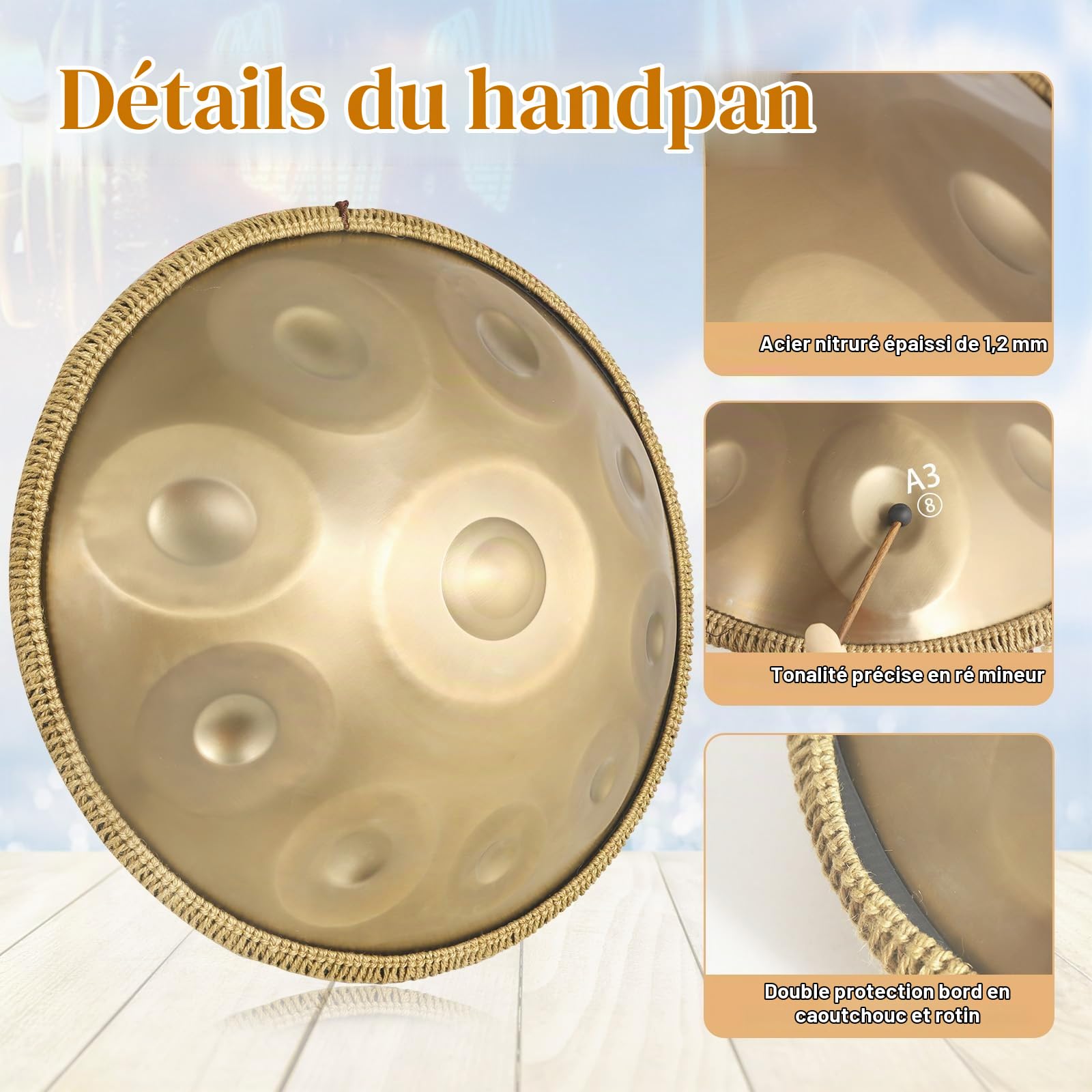 Handpan Drum, 22 Pouces Or Steel Hand Pan Tongue Drum D Minor 10 Tons 440 Hz pour Yoga, Méditation avec Sac à dos, Support de Batterie