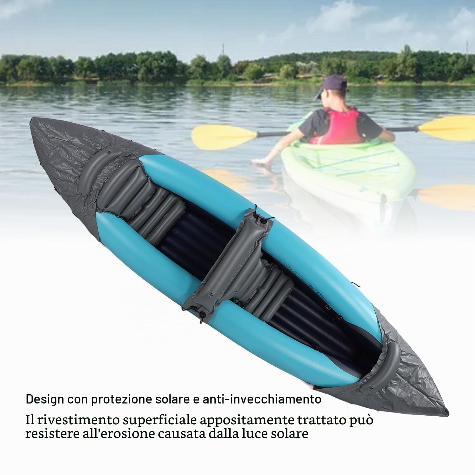 Kayak gonfiabile pieghevole per 2 persone, canoa in PVC resistente con protezione solare, fondo a strati spessi e camere d’aria indipendenti per rafting e pesca in barca