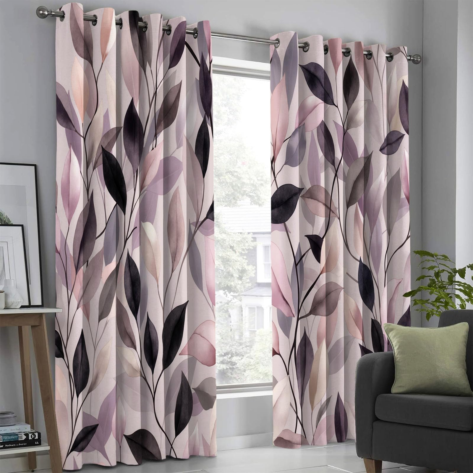 Rideau Occultant Feuilles Et Branches Aquarelles, Rideaux Plantes Modernes Poudre De Blush, Rideau Thermique Anti Froid pour Salon Chambre Decoration, Lot De 2 Draperies Intérieur 117X137 Cm (Lxh)