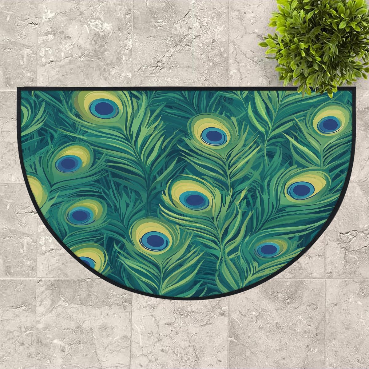 Mexpekil Paillasson demi-lune avec plumes de paon vert pour intérieur et extérieur, antidérapant, lavable, absorbant, anti-saleté, 100 x 160 cm