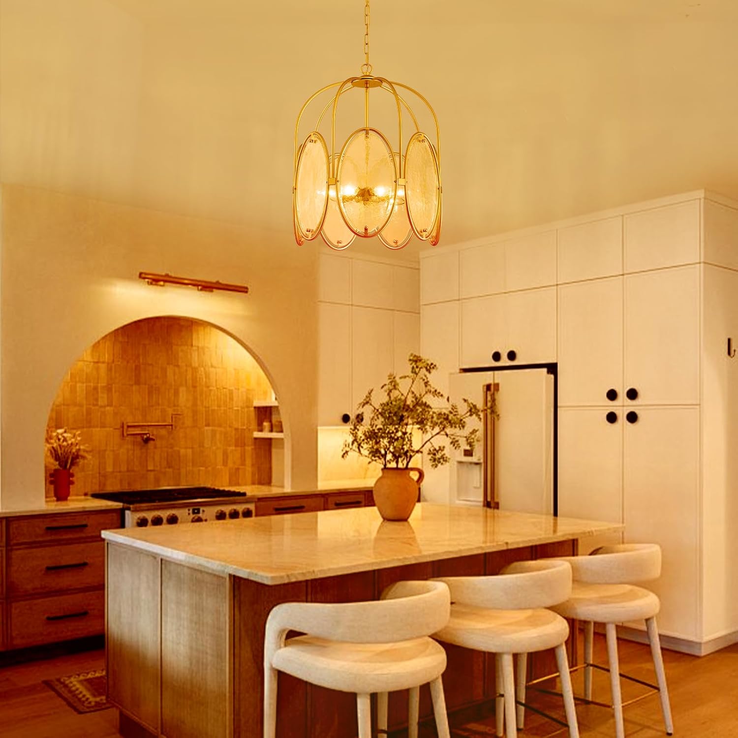 Modern Glass Chandelier for Dining Room, 7-Lights Gold Drum Ceiling Pendant Lighting Fixture, 17.7" Farmhouse Chandelier for Foyer Bedroom Living Room