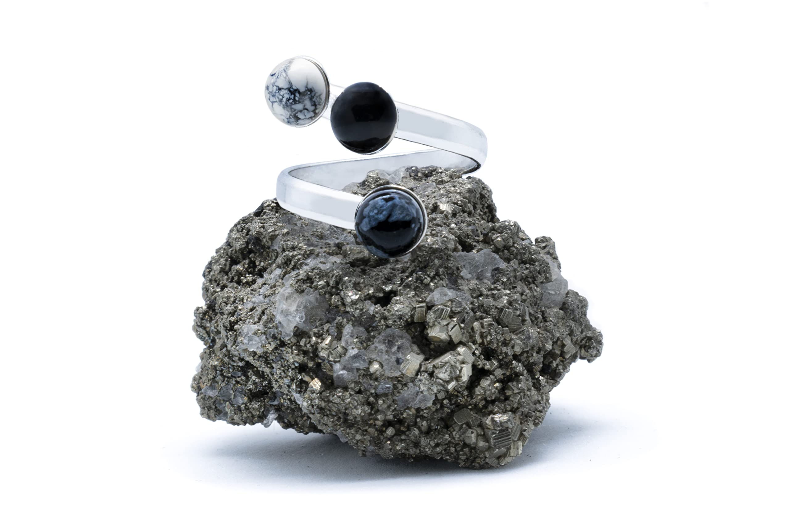 Anillo Trilogy de Plata 925 con Obsidiana, Ónix Negro y Howlita Blanca (Piedra Natural) 6mm - Disponible Anillo Ajustable, Tamaño de XS a XL, para Hombre, para Mujer - Caja Regalo Gratis