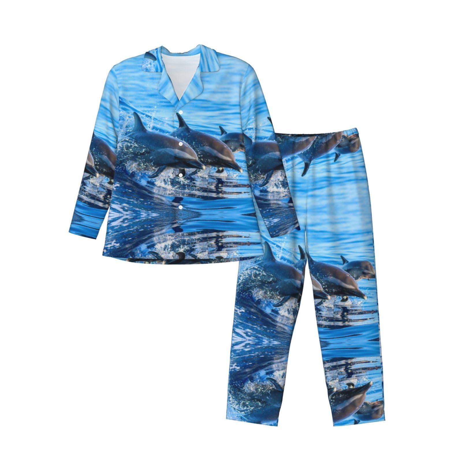 Aseelo Men's Dolphin Family Long-Sleeved Pajama Set Long Sleeve Top And Bottoms Pyjamas Comfortable And Breathable Nightwear Pjs M