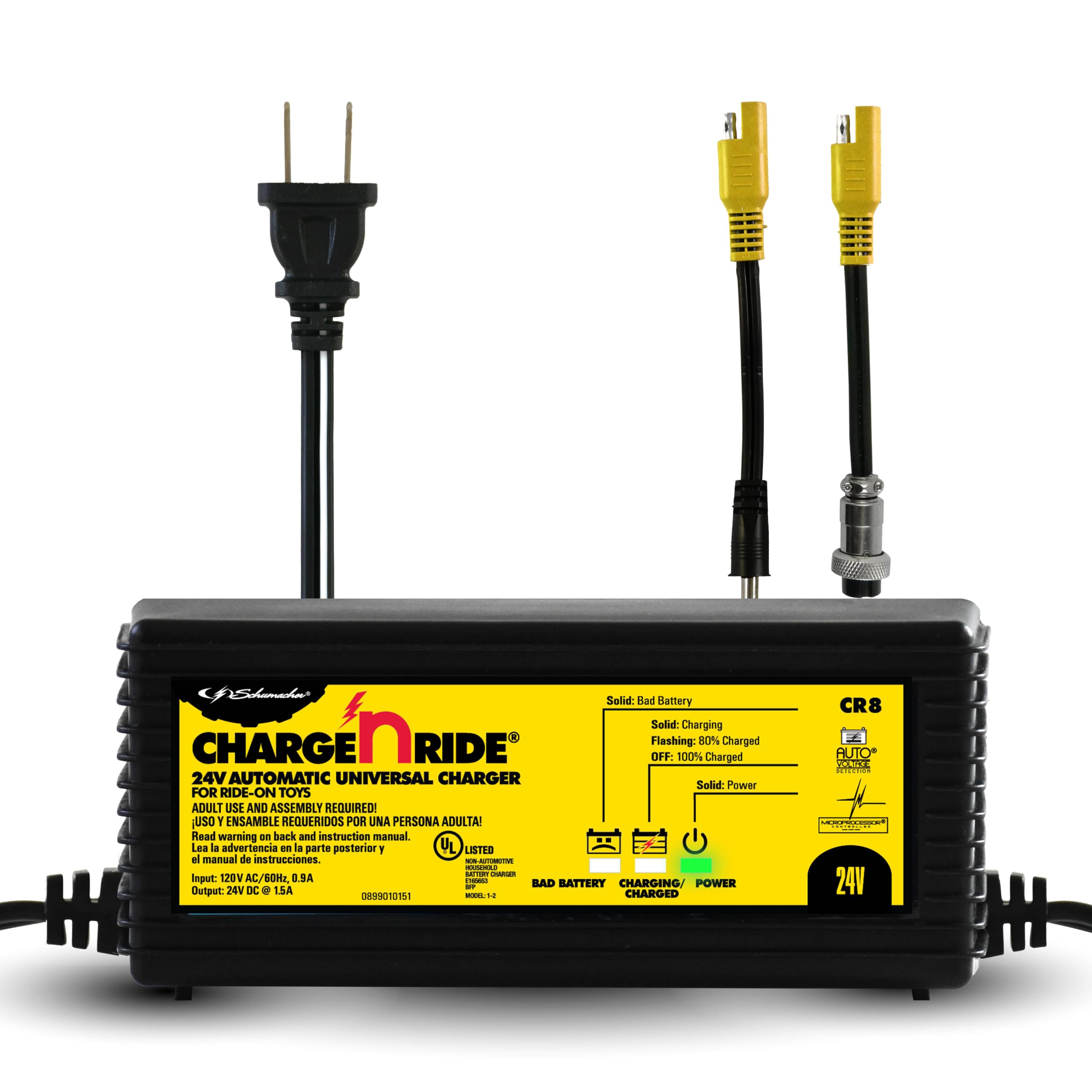 Schumacher Electric 24 Volt Universal Battery Charger for Ride on Toys - Charge 'N Ride CR8-1.5 Amp, Fully Automatic - Compatible with Dynacraft and Razor