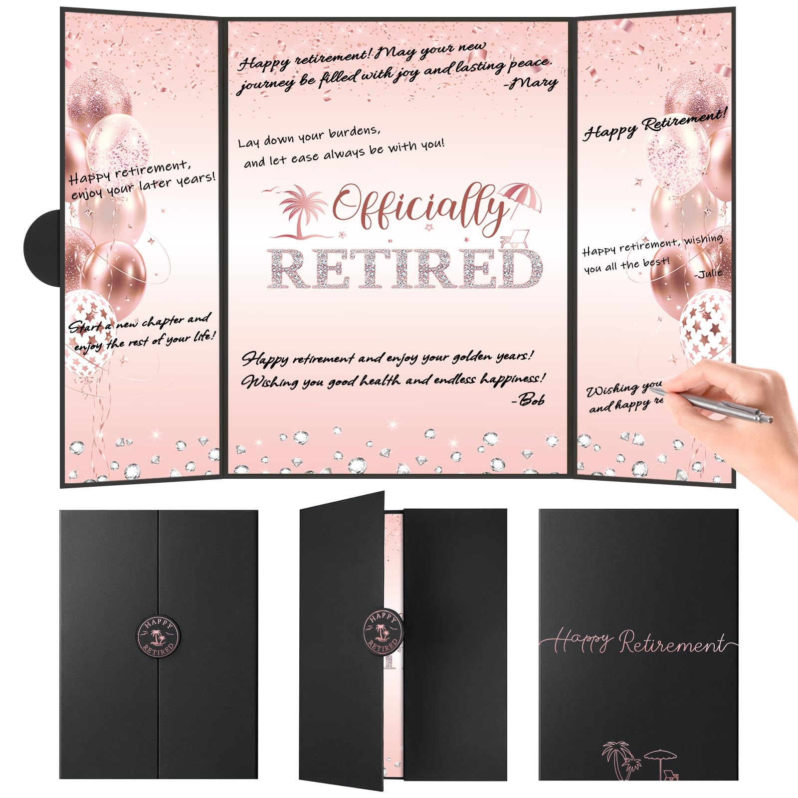 Photo 1 of Retirement Party Decorations, Large Retird Card Signing Farewell Party Decorations Happy Retirement Guest Book Creative retirement Card for Men Women (Black Rose Gold)