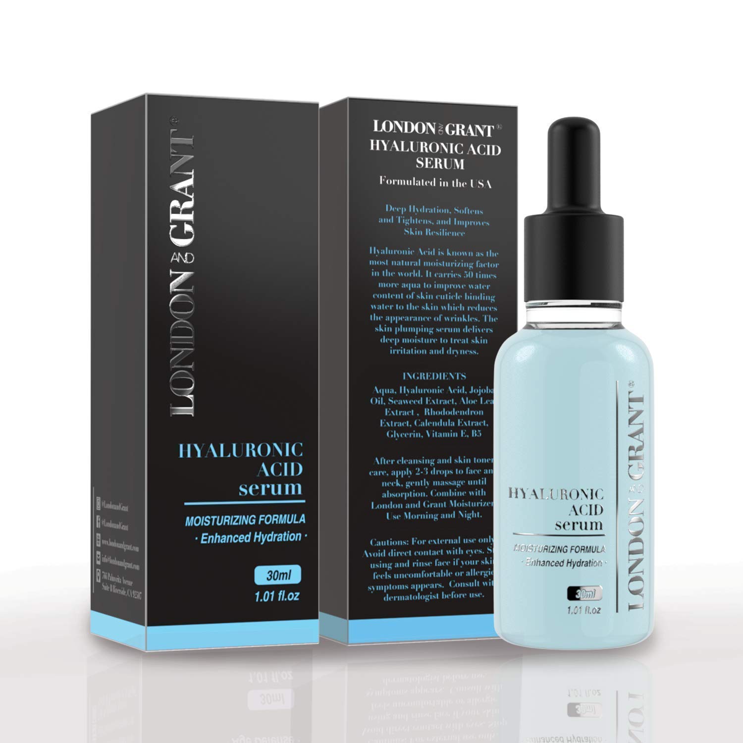 London and Grant Hyaluronic Acid Serum For Face - Deep Hydrating, Moisturizing HA Serum For All Skin Types - Brightening Serum With Jojoba Oil, Aloe Extract - Women’s Anti Aging Serum, 1.01 fl Oz