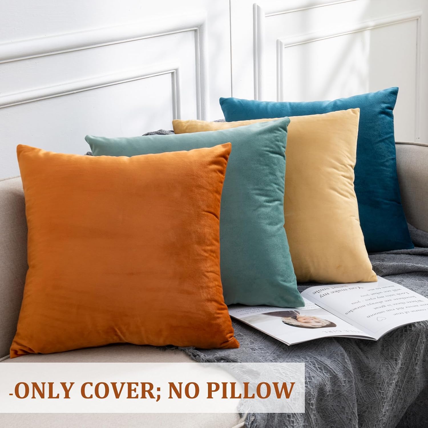 Decorative Throw Pillow Covers 26x26 Set of 4 for Bed Sofa Couch, Soft Extra Large Velvet Cushion Pillow Covers for Living Room Decor, Navy/Orange