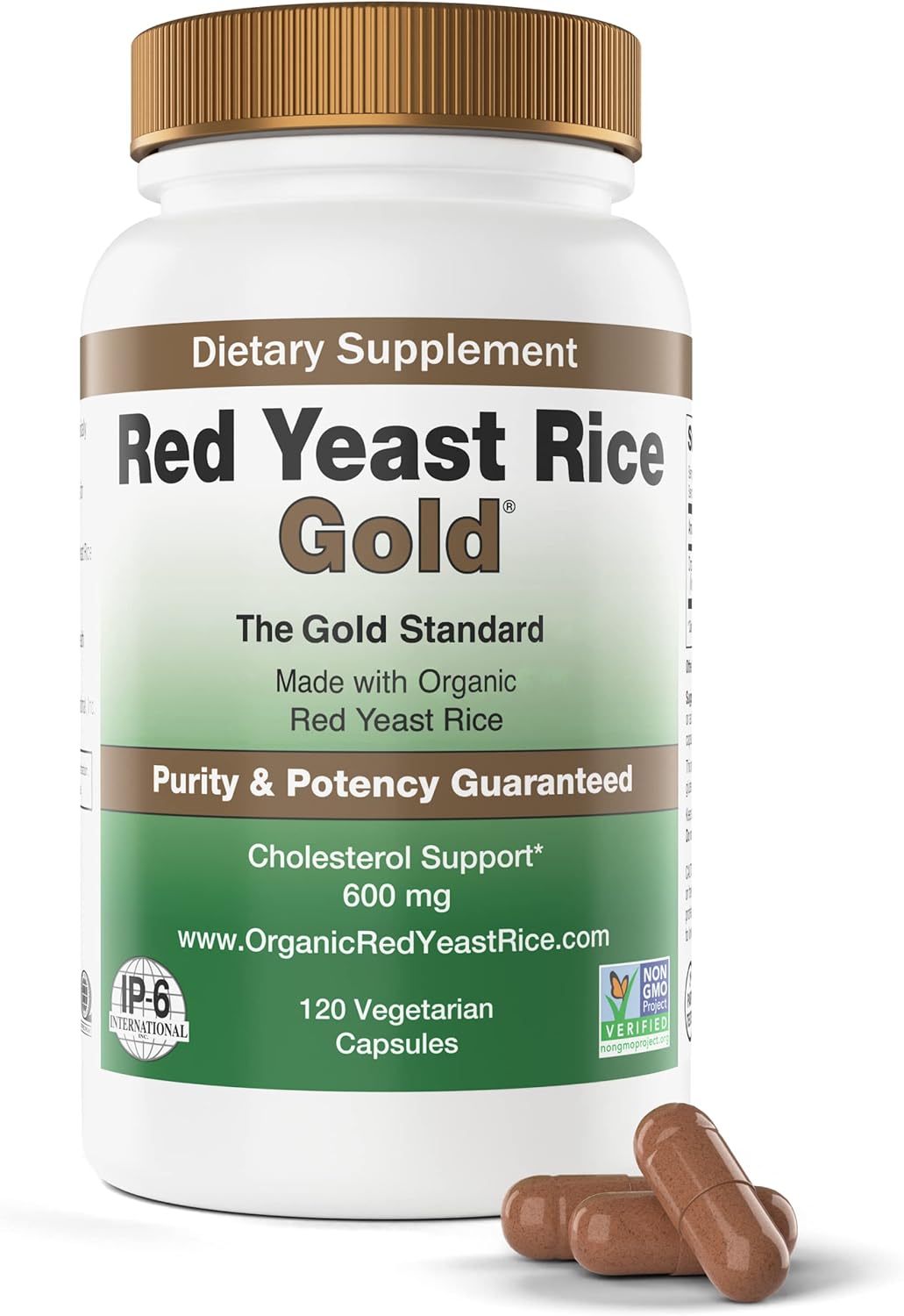Red Yeast Rice Gold, Made with 600 mg Organic Red Yeast Rice - IP6 International - 120 Vegetarian Capsules