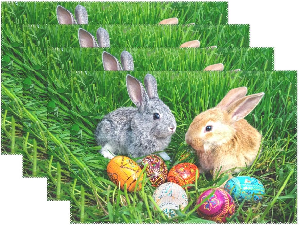 WOOR Easter Bunny Eggs On Green Grass Placemats for Dining Table Heat Resistant Kitchen Table Decor Washable Table Mats Set of 6