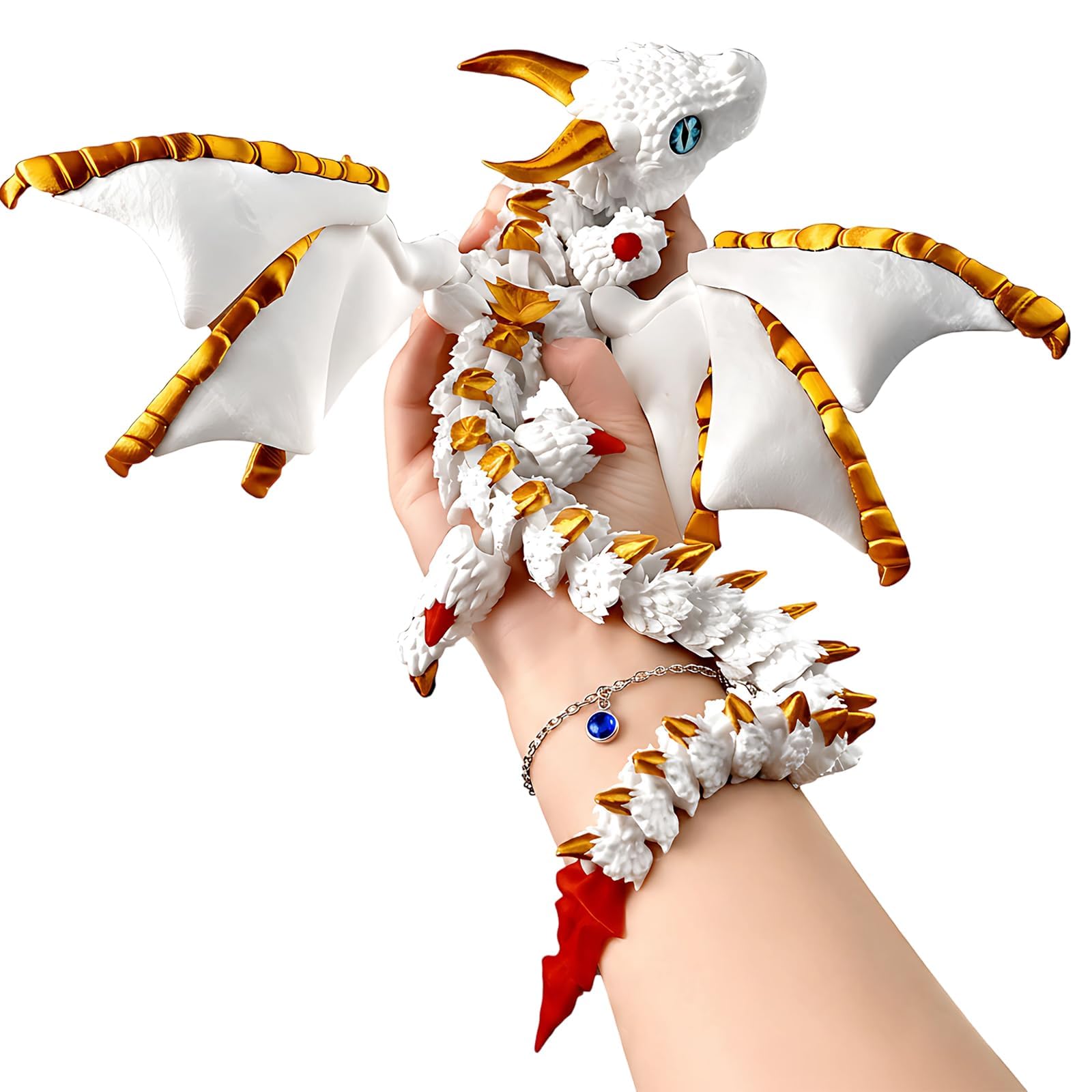 3D Printed Dragon Set, Large 30 cm, 3D Printed Animals Horned Dragon, 3D Dragon in White Gold Red, 3D Printed Poseable Figure for Desk Decor
