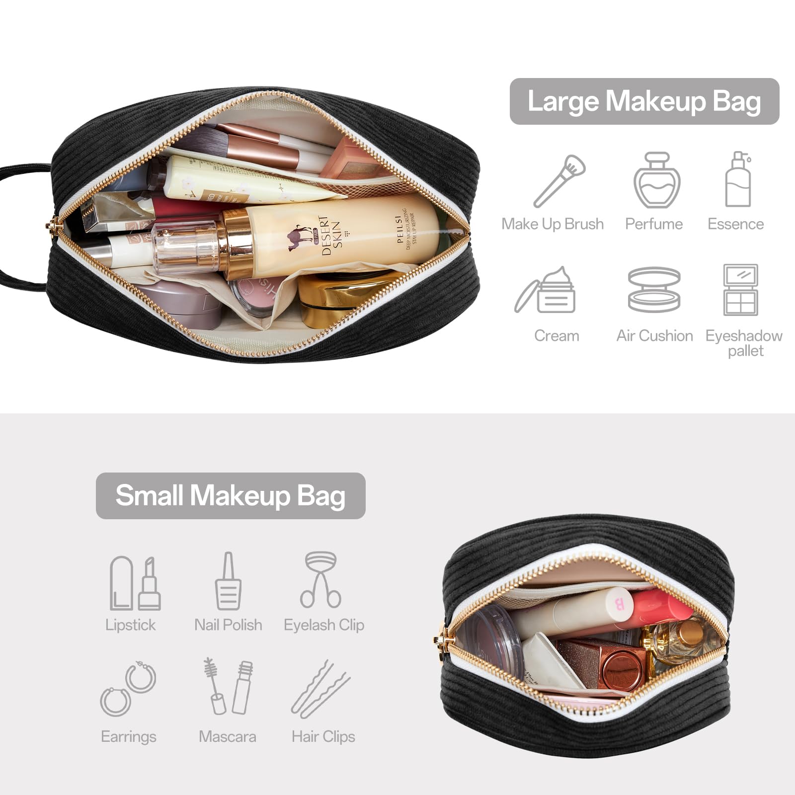 KALIDI Makeup Travel Bag for Women Corduroy Make Up Pouch with Metal Ring Zipper Portable Cosmetic Organizer Toiletry Make-up Bag for Handbags - Image 4