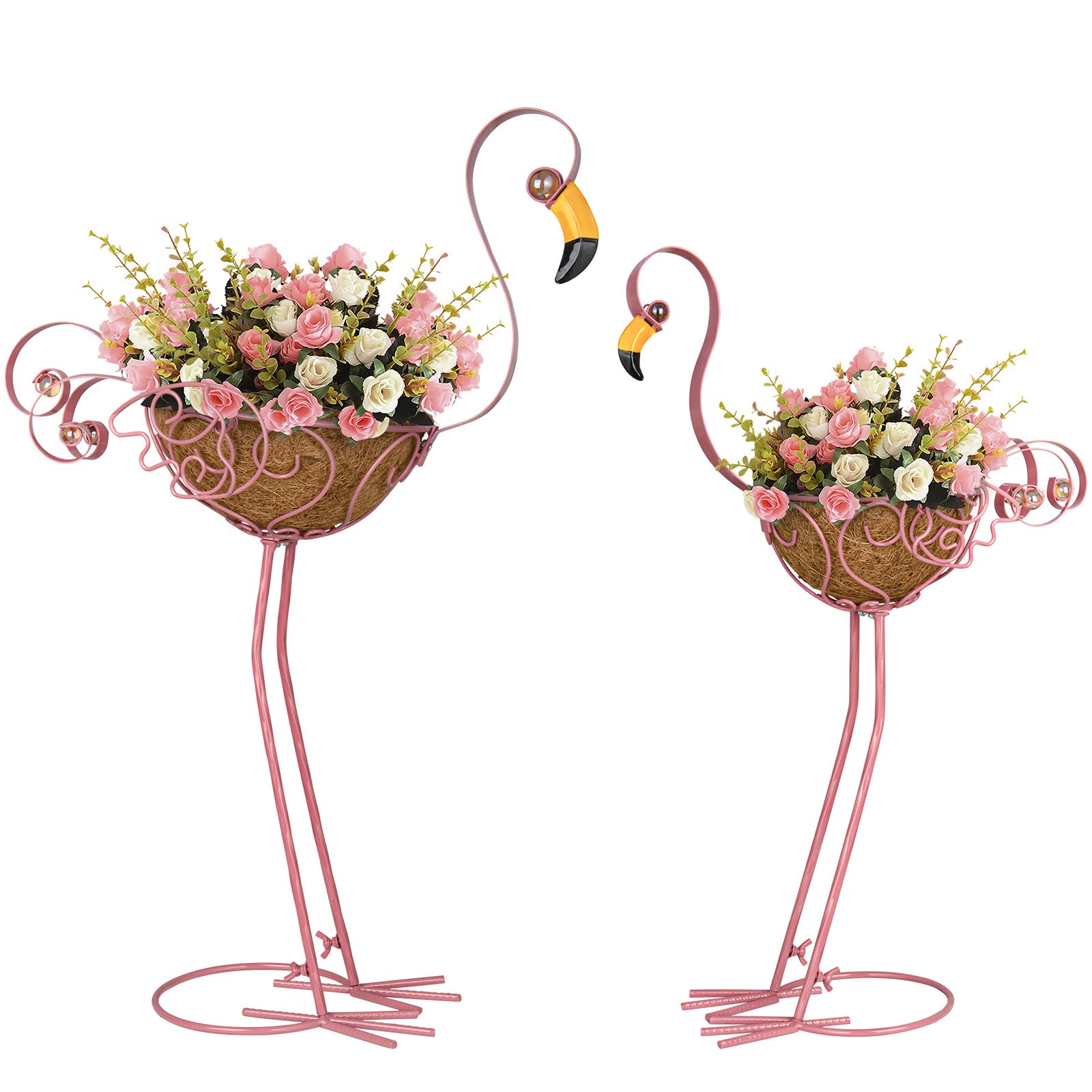 SUNREEK Set of 2 Pink Flamingo Outdoor Planters with Basket