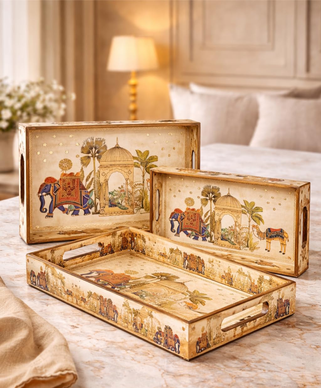 Epichunt™ Wooden Serving Tray with Gold Engraving | Trays Set of 3 | Rectangular Tray Set for Serving | Decorative Trays | Enamel Coated Waterproof | Tray with Handles |Royal Elephant Camel Set