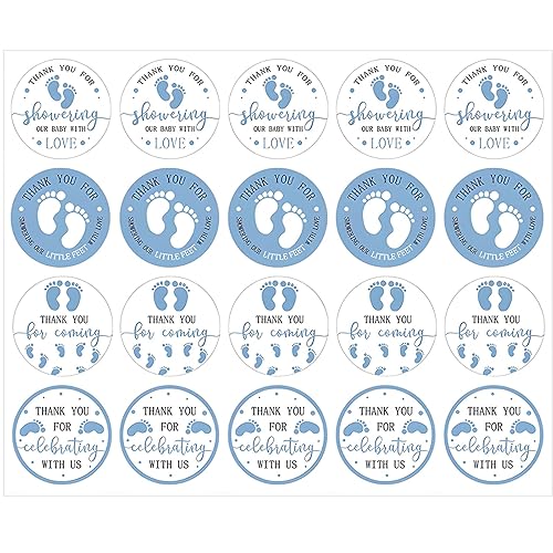 Calcomanías de recuerdo de baby shower, 240 unidades para niño, tema de pies azules de 2 pulgadas, huella, agradecimiento por celebrar con nosotros,
