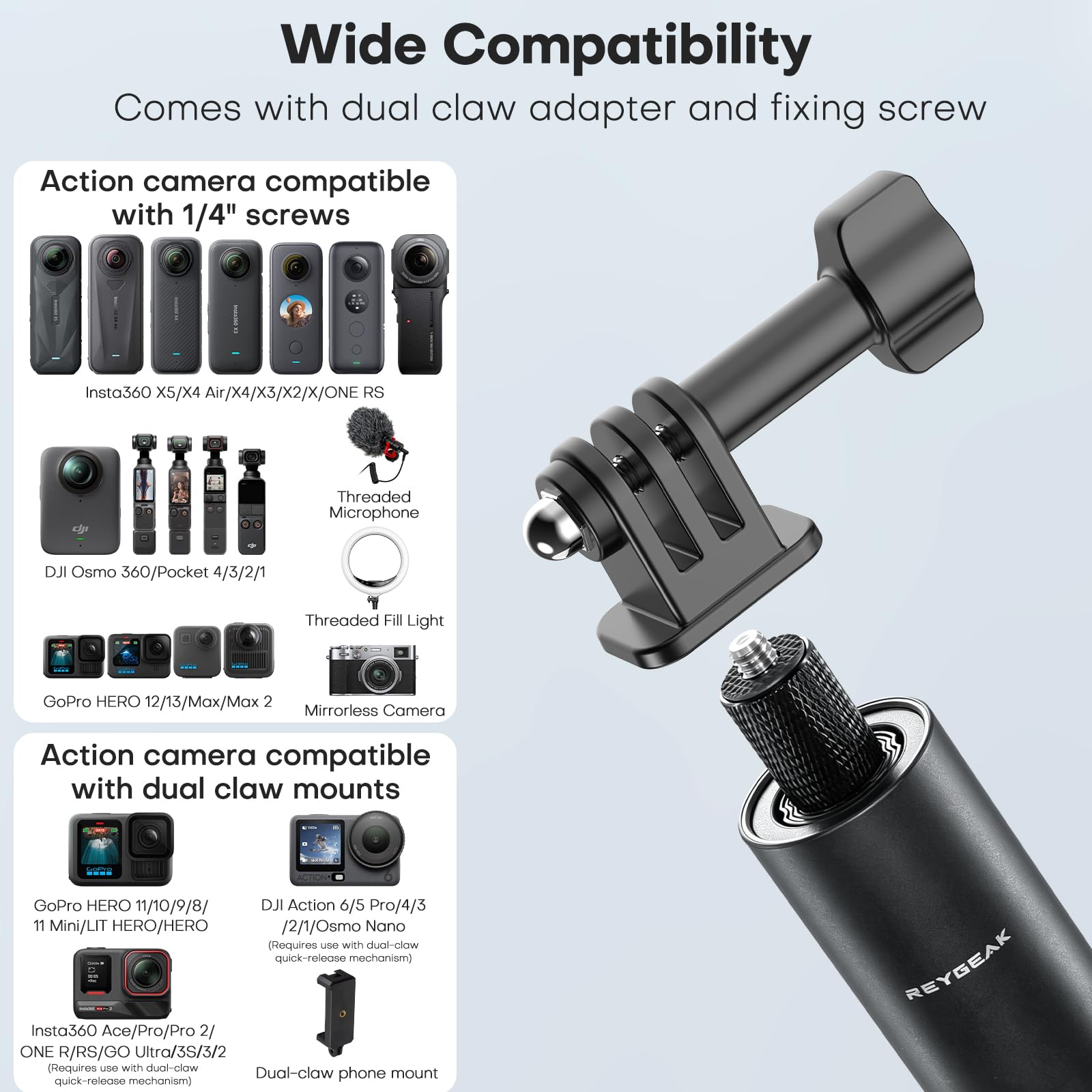 REYGEAK Perche à Selfie Invisible de 150 cm pour Appareil Photo Insta360 et 360 | Perche d'extension pour DJI Osmo Action 5 Pro/4, GoPro | Poignée étanche avec Base trépied et poignée