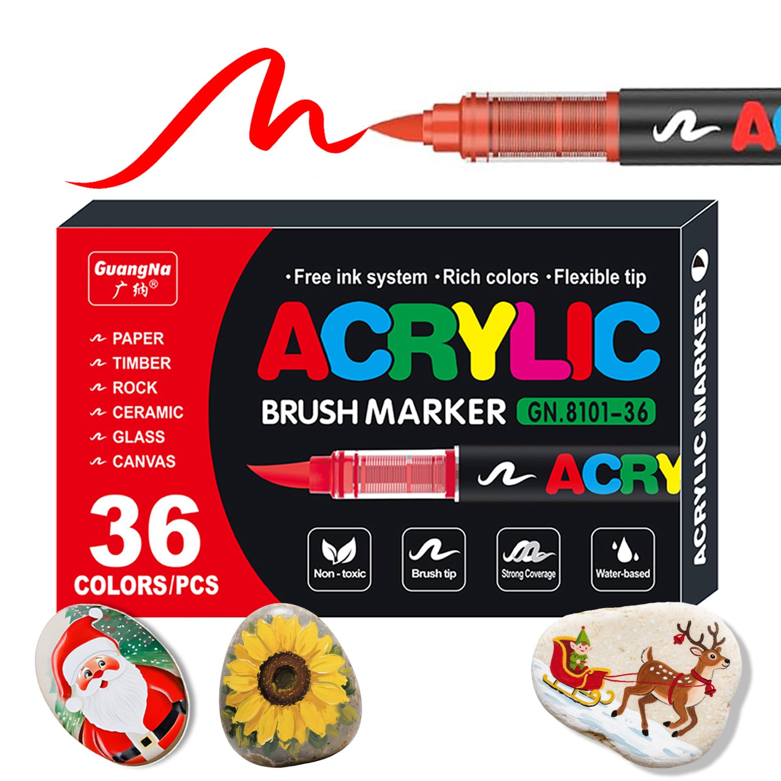 Acrylic Paint Pens, Soft Brush Tip Acrylic Paint Markers, 36 Color Acrylic Markers Ideal for Canvas, Rock Painting, Wood, Stone, Glass, Ceramic, Fabric Painting, DIY Crafts