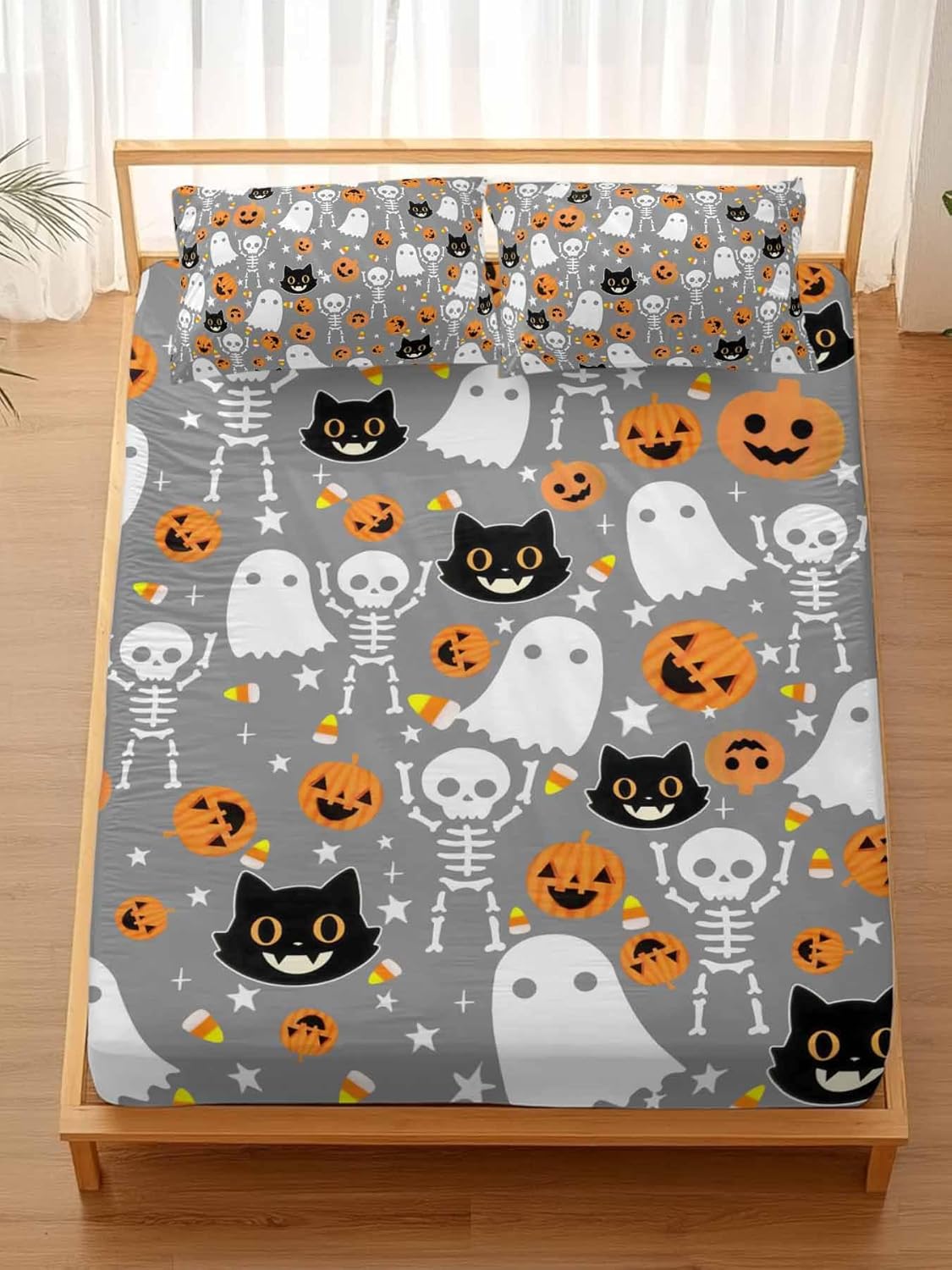 Queen Fitted Sheets Abstract Pumpkin Skeleton Ghost Bed Set with 16" Deep Pocket,Soft Microfiber Bed Bottom Sheet with 2 Decorative Pillowcases Halloween Cat on Grey Back
