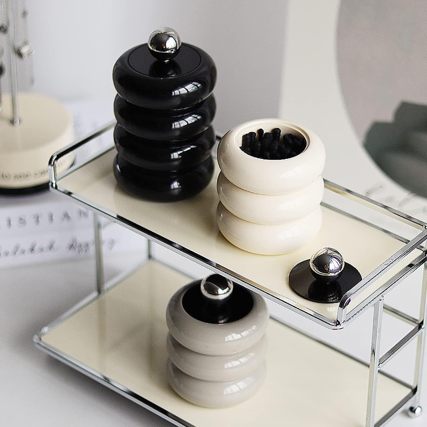 TOPINCN Qtip Holder, Nordic Qtip Holder Dispenser Doughnut Shape Makeup Storage Box with Lid for Cotton Swab Storage (Black Four Layers)