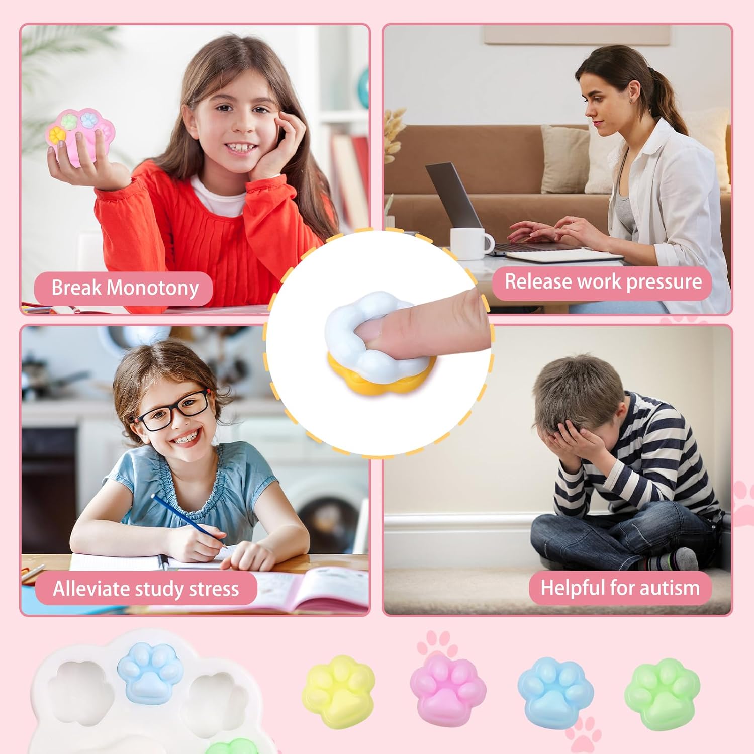 Anboor 2Pcs Cat Paw Squishies Toys,Colorful Squeeze Paw Palette Toy for Kids,Sensory Toy Relief Stess Toy Set for Kids Adult,Kawaii Animal Paw Fidget Toy Novelty for Party Birthday