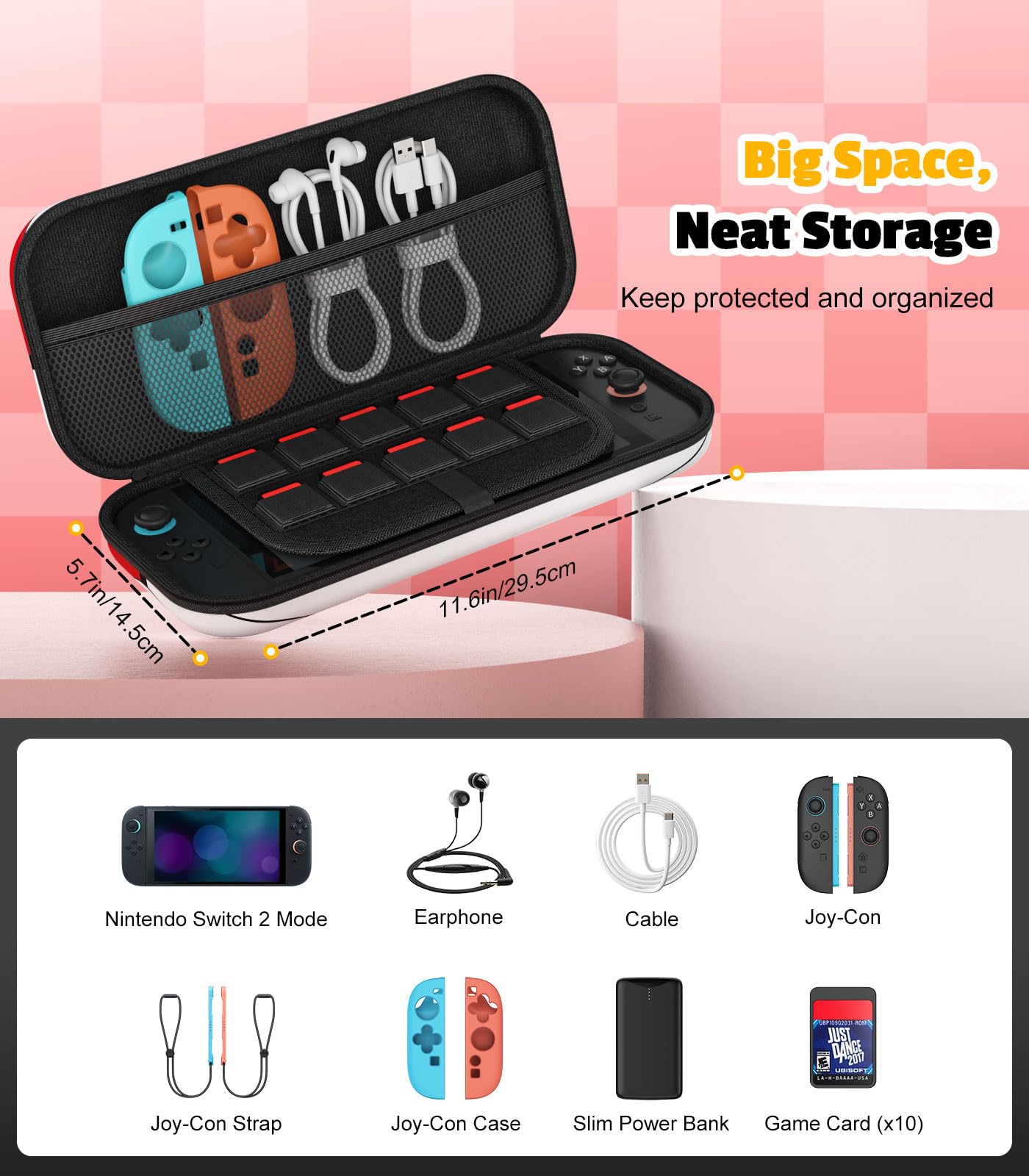 MoKo Étui pour Nintendo Switch 2 (2025), Housse Rigide de Protection avec 10 Cartouches de Jeux, Pochette de Transport Boîtier für Switch 2 2025 et Accessoires, Boule Rouge - 4