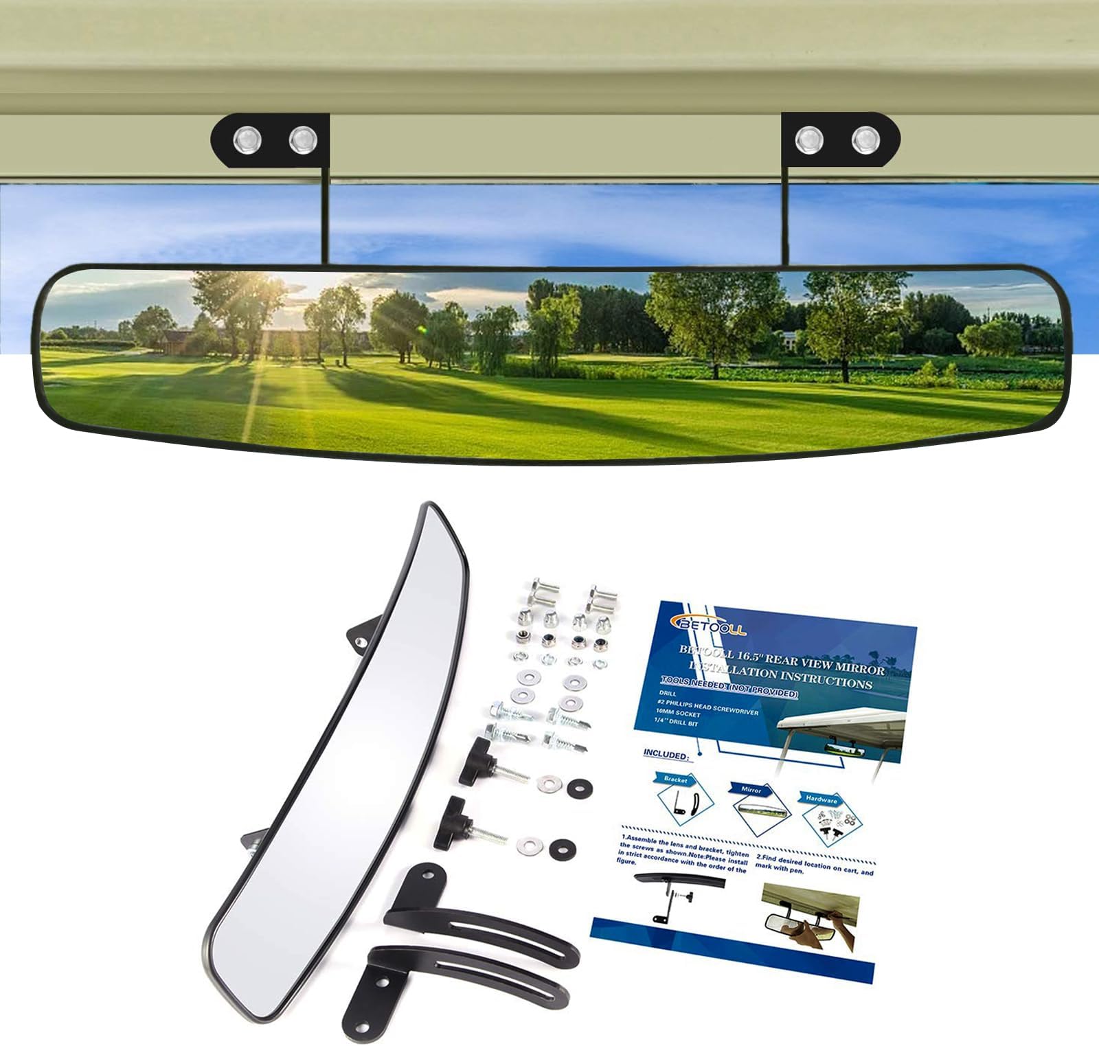 BETOOLL 16.5" Wide Rear View Convex Golf Cart Mirror for EZ Go, Club Car, Yamaha