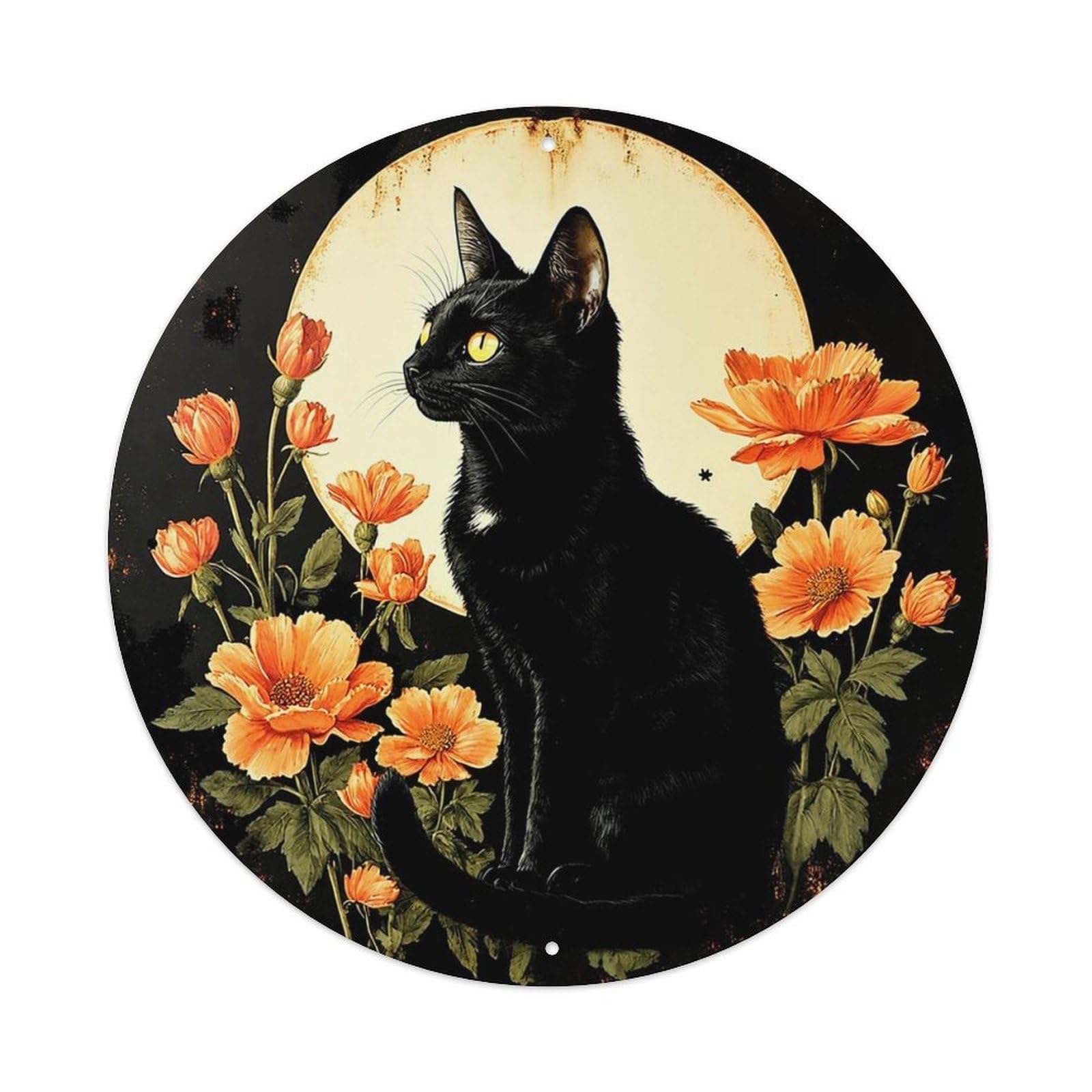 Black Cat Moon Flowers Orange Metal Tin Sign Plaque