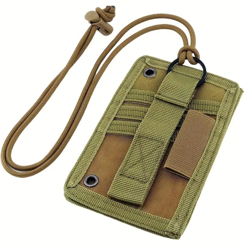 Adjustable Tactical ID Card Holder Detachable Hook & Loop Patch Badge Holder Key Ring Credit Card Organizer (Khaki)