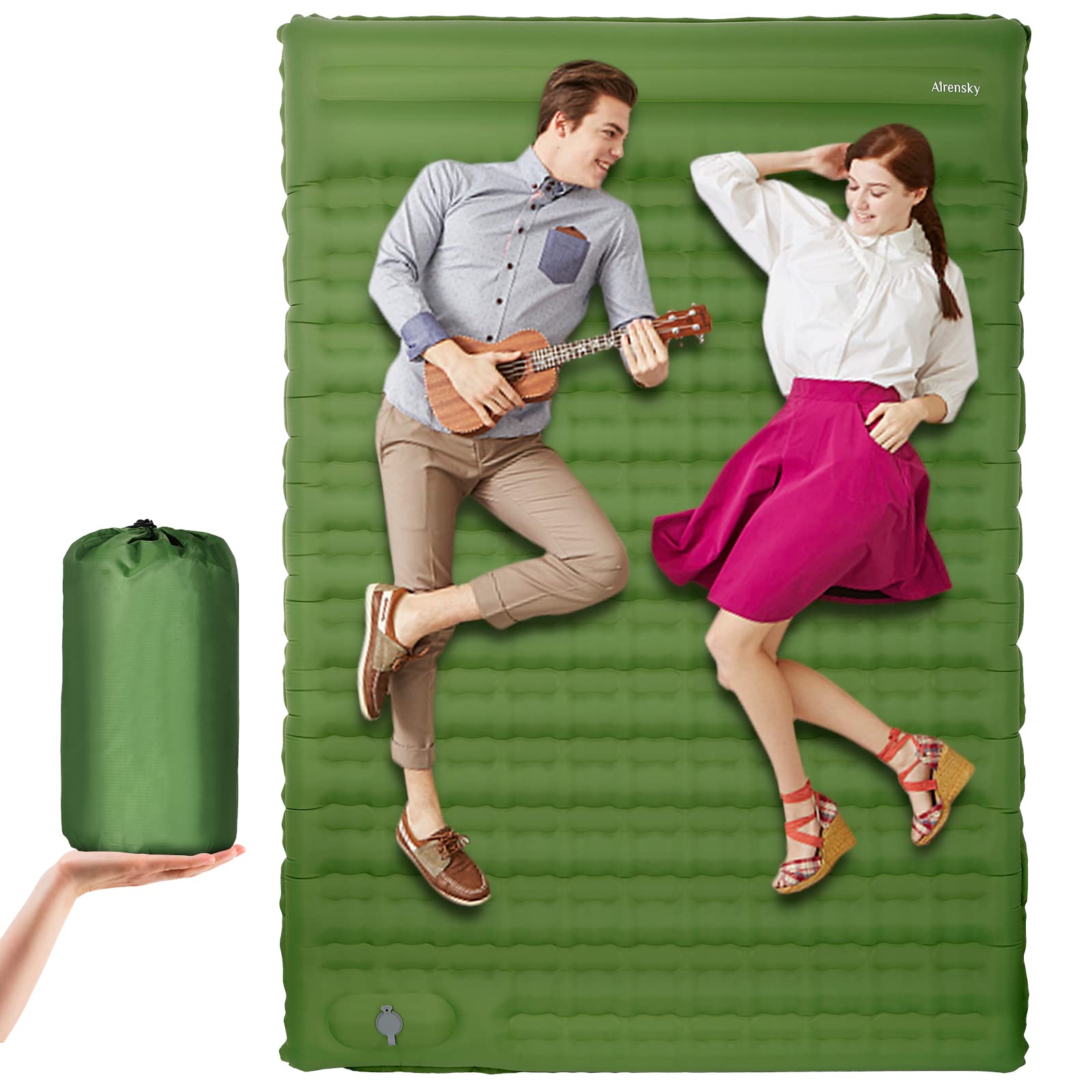 Airensky Camping Sleeping Pad for 2 Person, Extra Large(76"x 54") Camping Mat with Built-in Foot Pump, Thick 3.4" Ultralight Self Inflating Air Mat, Perfect for Car Travel, Hiking, Backpacking Green
