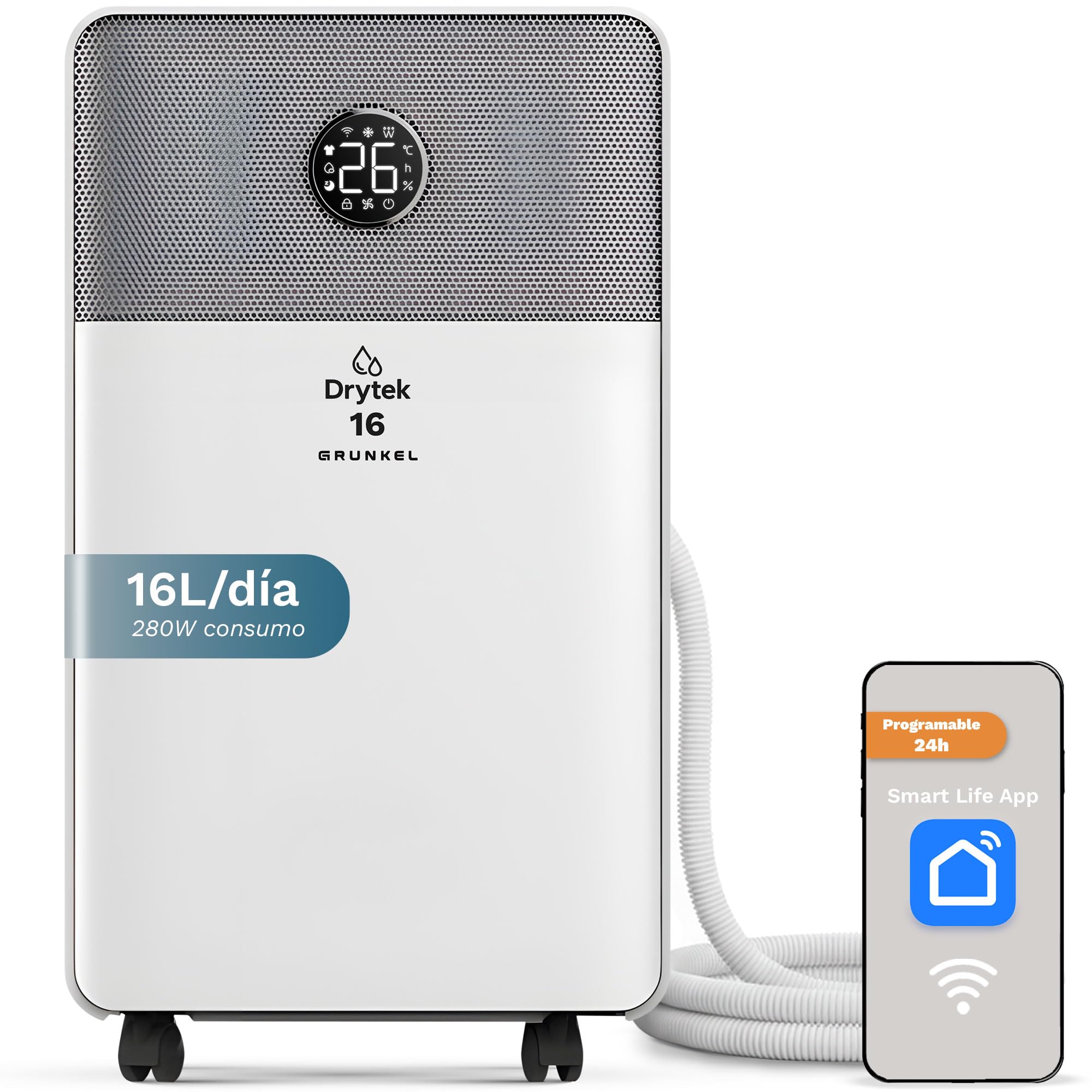 Grunkel Drytek Deshumidificador portátil 10L/día con WiFi y app, drenaje continuo, panel táctil, 100m³/h, depósito 2L, 240W bajo consumo, silencioso 42dB y temporizador 24h (16L/día)