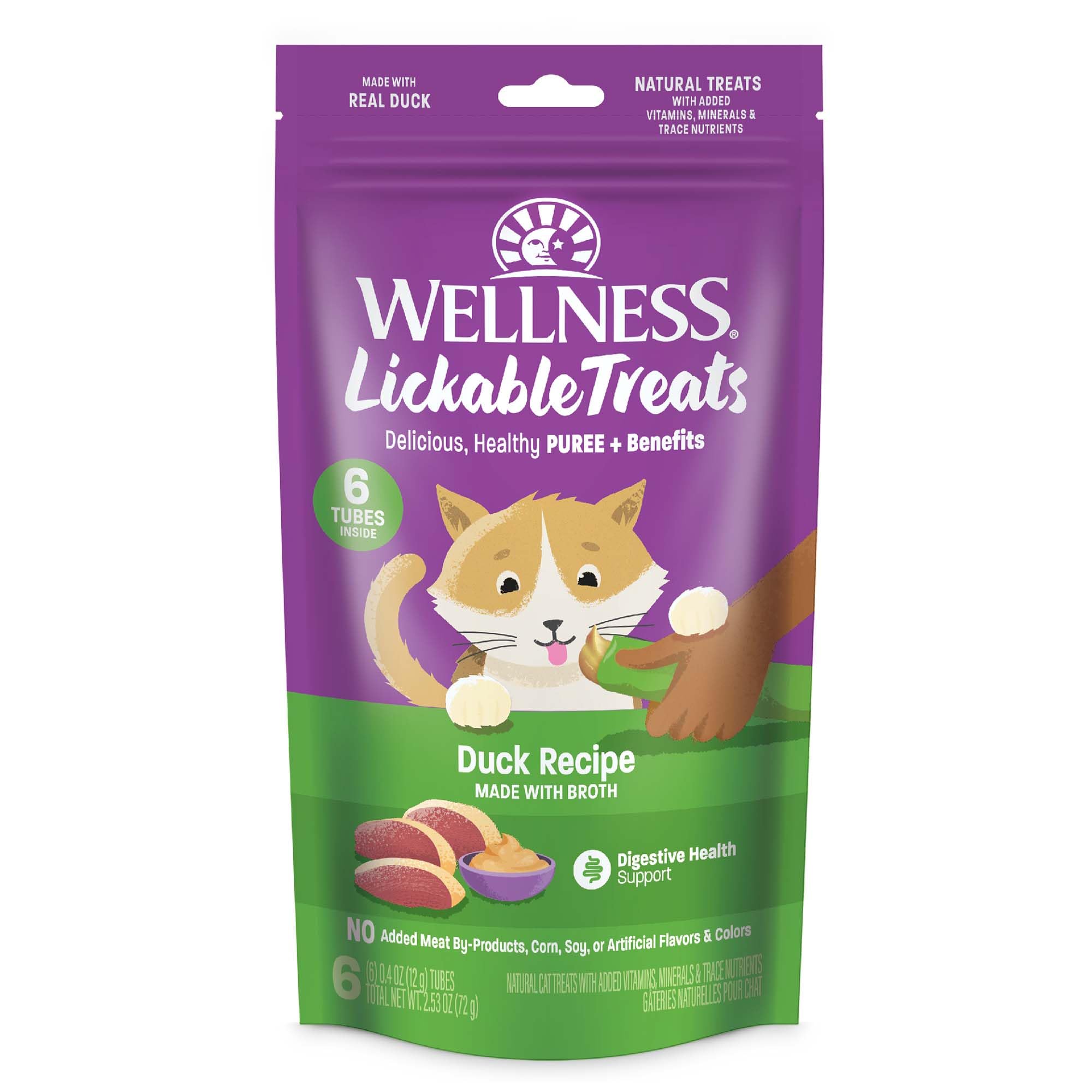 Wellness Lickable Treats Soft Puree Natural Grain Free Adult Cat Treats, Duck Recipe, Contains 6-0.4 Ounce Squeezable Tubes