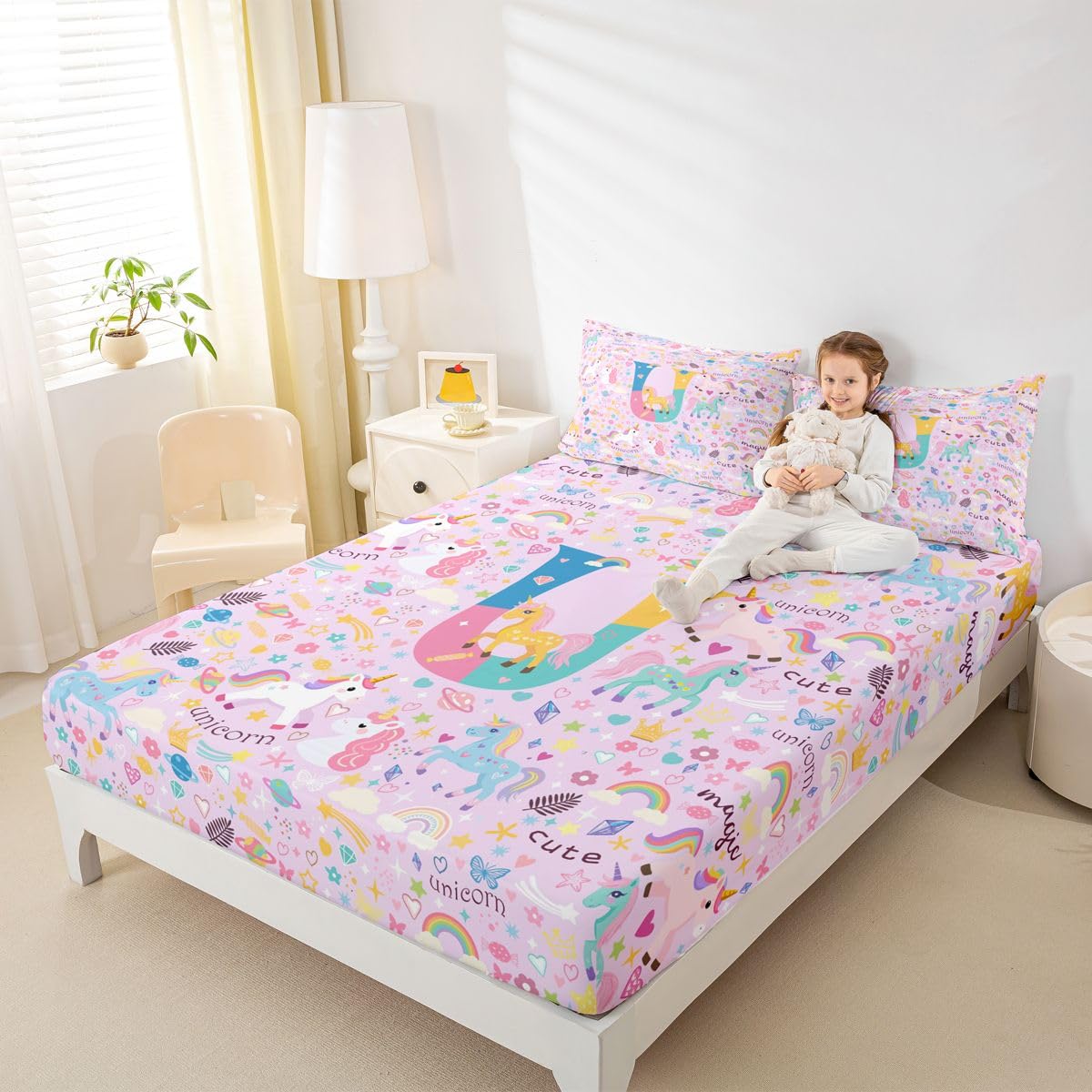 Homewish Fioletowy monogram jednorożec zestaw pościeli podwójny uroczy kawaii jednorożec tęcza prześcieradła Costom litera U zestaw prześcieradeł - marzycielski kwiat dopasowane górne prześcieradła 4