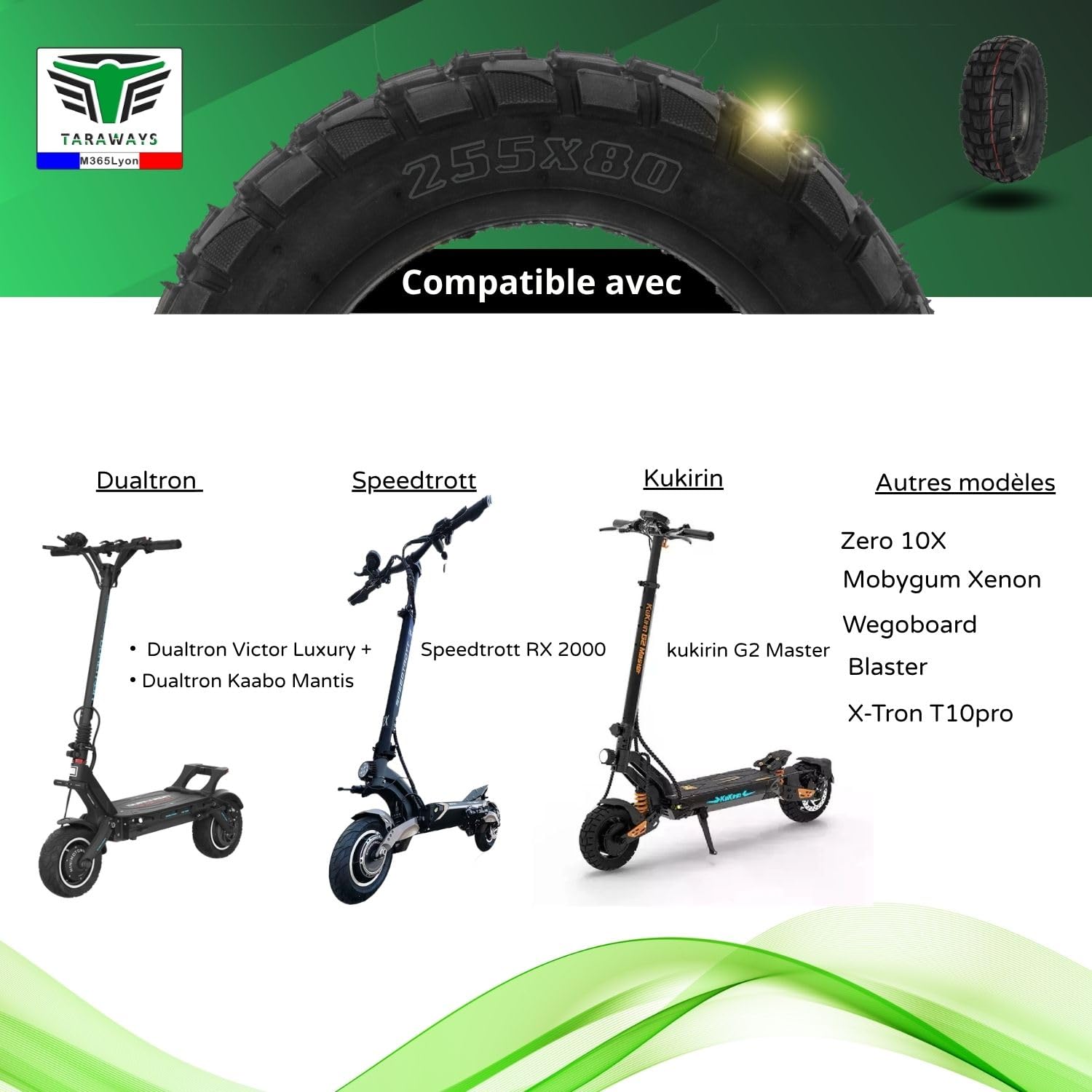 Pneu et Chambre à air 255x80 Pour Trottinette Dualtron Victor Luxury +, Kaabo Mantis 10 Mobygum Xenon-S - Speedtrott RX 2000 - Wegoboard Blaster Zero 10X et kukirin G2 Master, Nanrobot D6+(Tire+Tube)